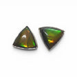 Rare Earth Gallery triangle ammolite stud earrings featuring iridescent green and amber fossilized shell in silver.