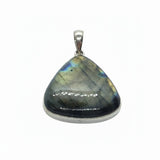 Rare Earth Gallery triangular labradorite pendant with gray base and orange and blue labradorescence flashes
