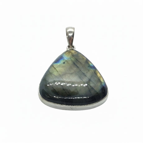 Rare Earth Gallery triangular labradorite pendant with gray base and orange and blue labradorescence flashes