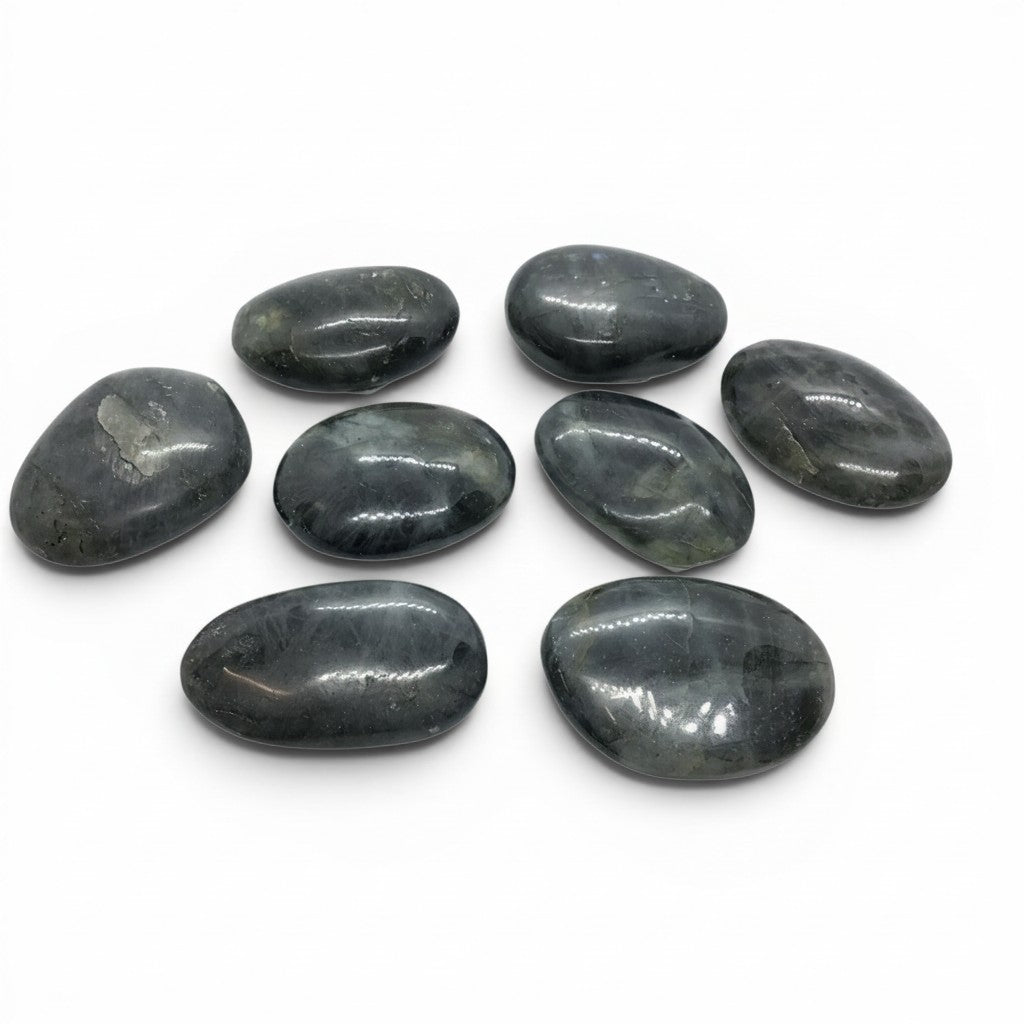 Rare Earth Gallery extra-small tumbled labradorite palm stones with subtle blue and green iridescent flashes.