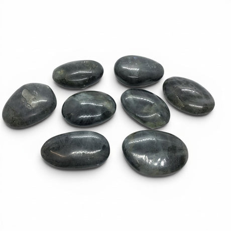 Rare Earth Gallery extra-small tumbled labradorite palm stones with subtle blue and green iridescent flashes.
