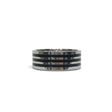 Rare Earth Gallery 8mm tungsten ring featuring polished silver-tone edges and black IP plated horizontal bands.