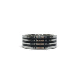 Rare Earth Gallery 8mm tungsten ring featuring polished silver-tone edges and black IP plated horizontal bands.