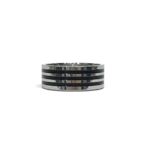 Rare Earth Gallery 8mm tungsten ring featuring polished silver-tone edges and black IP plated horizontal bands.