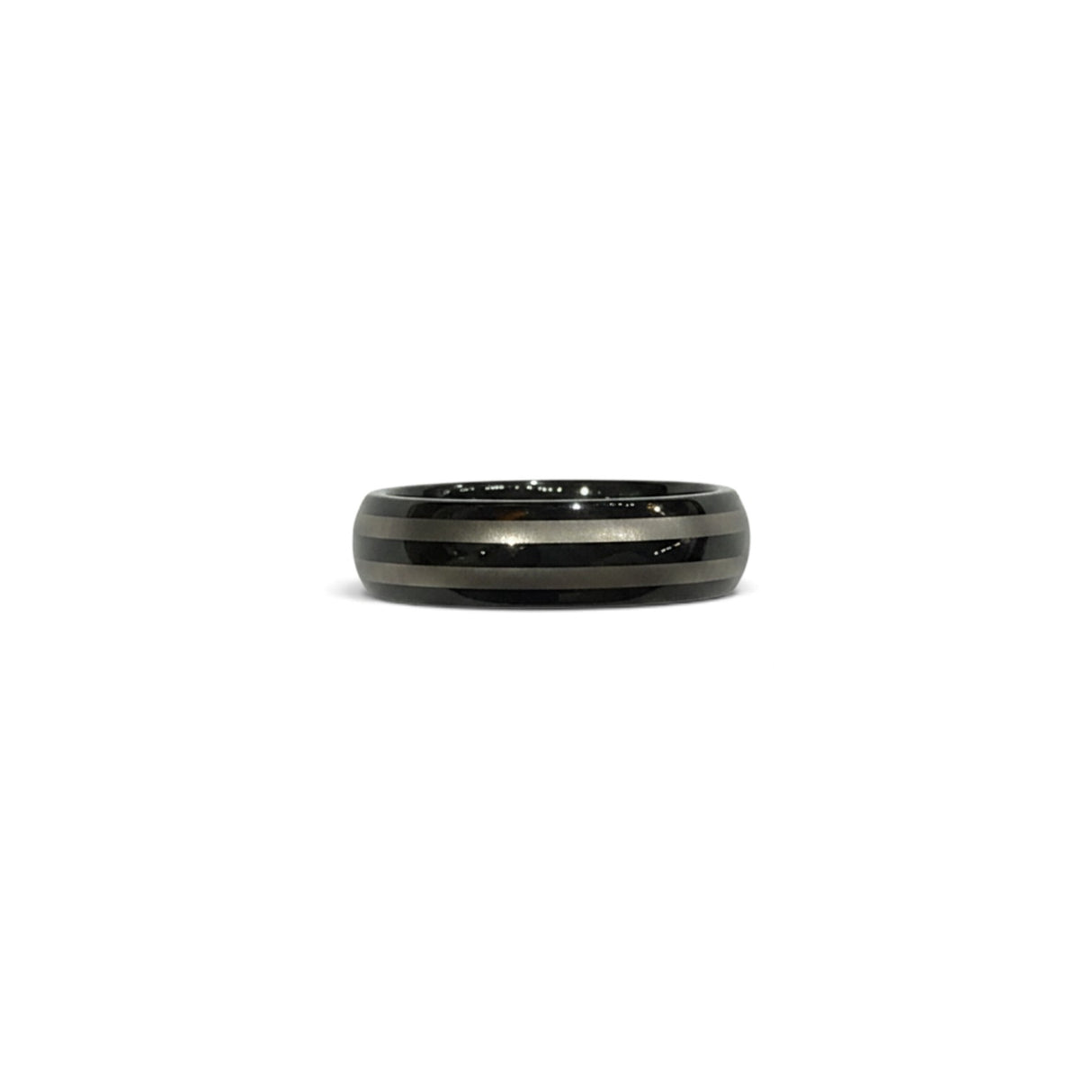 Rare Earth Gallery 6mm tungsten ring featuring black IP plating and champagne-colored bands in a polished finish.