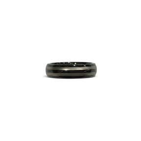 Rare Earth Gallery 6mm tungsten ring featuring black IP plating and champagne-colored bands in a polished finish.