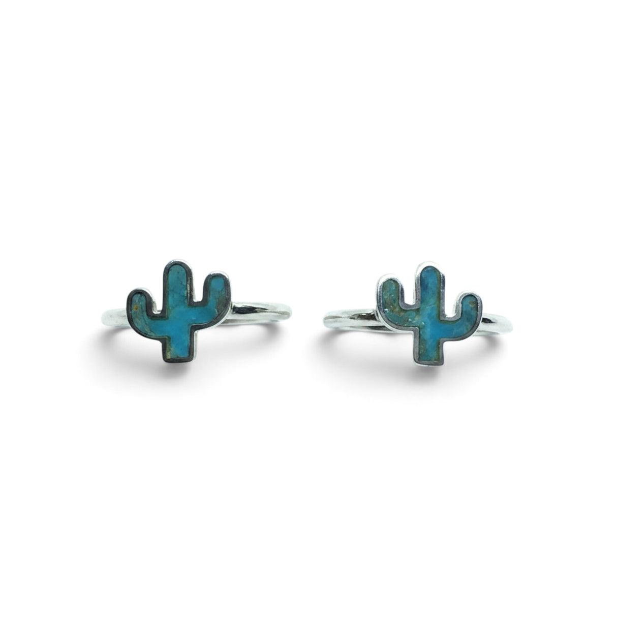 Rare Earth Gallery turquoise cactus ring in 925 sterling silver with a bezel setting, shown from two angles.
