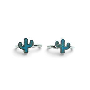 Rare Earth Gallery turquoise cactus ring in 925 sterling silver with a bezel setting, shown from two angles.