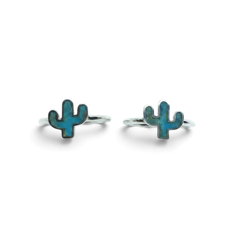 Rare Earth Gallery turquoise cactus ring in 925 sterling silver with a bezel setting, shown from two angles.