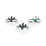 Rare Earth Gallery sterling silver rings featuring green turquoise cactus-shaped bezel settings on thin bands