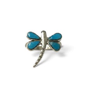 Rare Earth Gallery dragonfly ring featuring Arizona turquoise inlay in a polished silver setting, size 4.