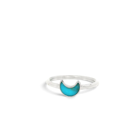 Rare Earth Gallery turquoise half moon ring in a simple silver bezel setting, size 6.