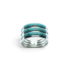 Rare Earth Gallery 925 sterling silver ring featuring three rows of rectangular turquoise inlay on a four-band design.