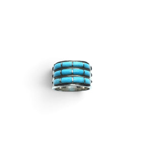 Rare Earth Gallery turquoise inlay ring featuring three rows of rectangular stones set in 925 sterling silver bands.