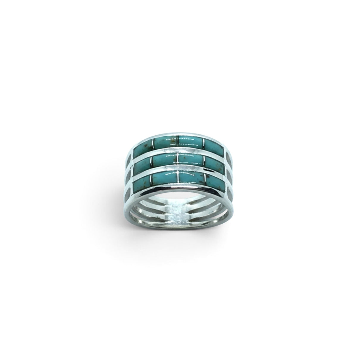 Rare Earth Gallery turquoise inlay ring featuring three rows of rectangular stones set in 925 sterling silver bands.