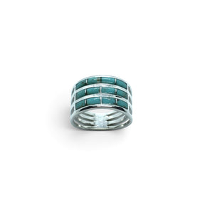 Rare Earth Gallery turquoise inlay ring featuring three rows of rectangular stones set in 925 sterling silver bands.