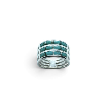 Rare Earth Gallery turquoise inlay ring featuring three rows of rectangular stones set in 925 sterling silver bands.