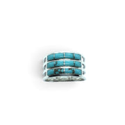 Rare Earth Gallery turquoise inlay ring featuring three rows of rectangular stones set in 925 sterling silver bands.