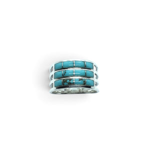 Rare Earth Gallery turquoise inlay ring featuring three rows of rectangular stones set in 925 sterling silver bands.
