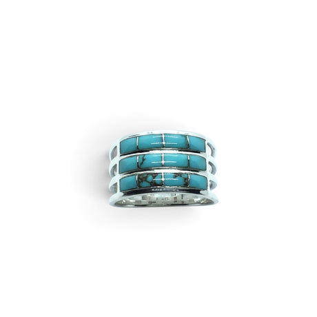 Rare Earth Gallery turquoise inlay ring featuring three rows of rectangular stones set in 925 sterling silver bands.