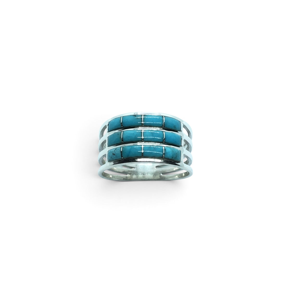 Rare Earth Gallery turquoise inlay ring featuring three rows of rectangular stones set in 925 sterling silver bands.