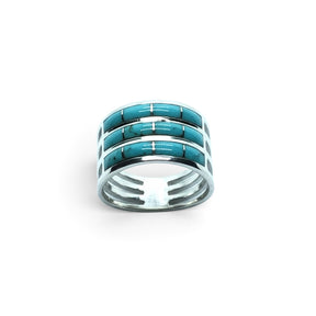 Rare Earth Gallery turquoise inlay ring with three rows of rectangular stones set in 925 sterling silver bands.