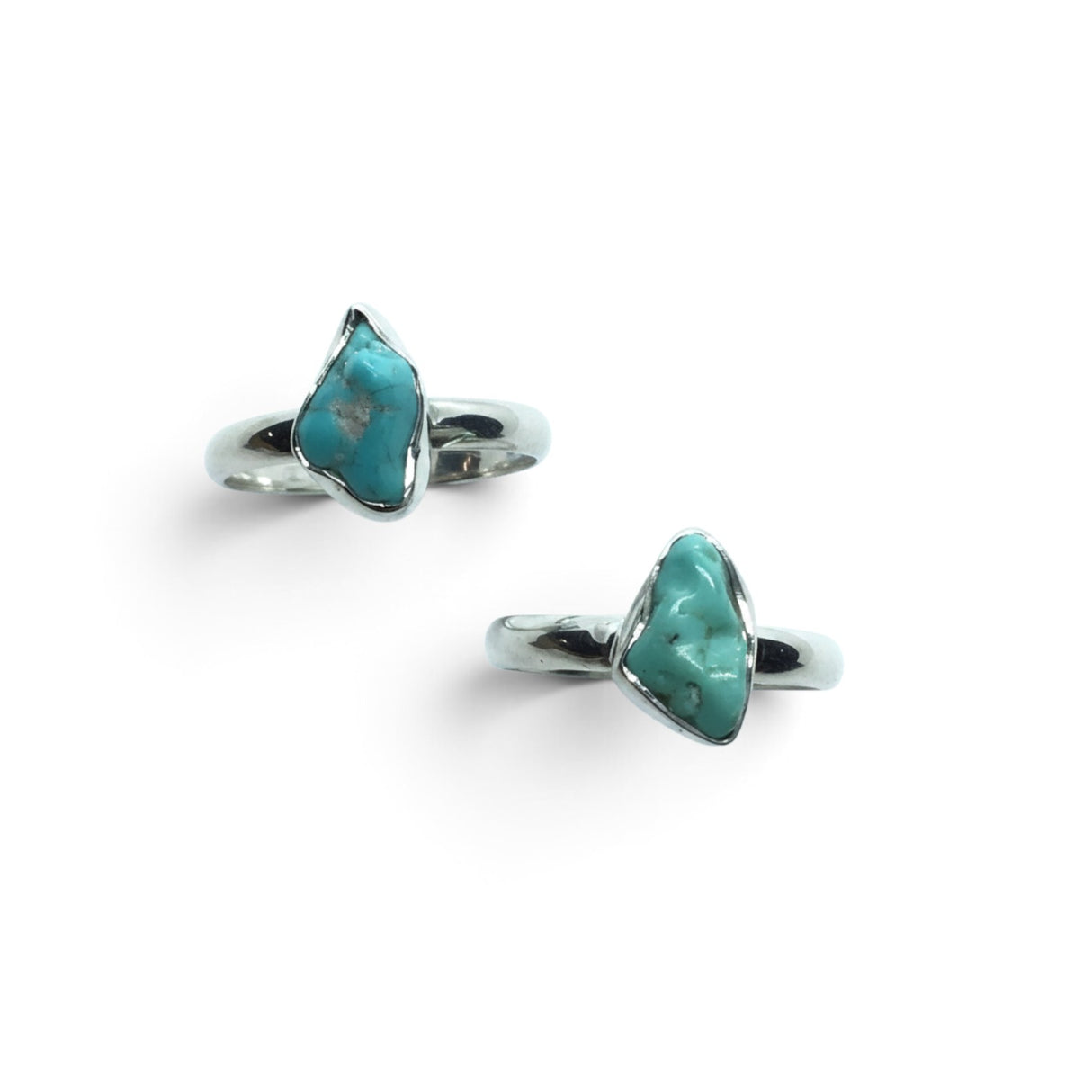 Rare Earth Gallery turquoise nugget rings in polished freeform bezel settings on 925 sterling silver bands