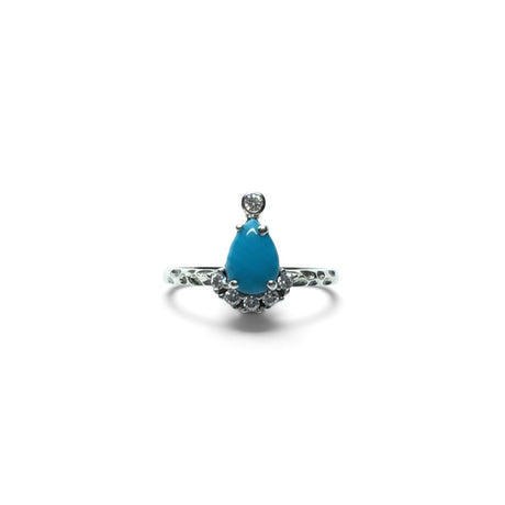 Rare Earth Gallery pear-shaped turquoise cabochon ring with white CZ accents on a textured 925 sterling silver band.