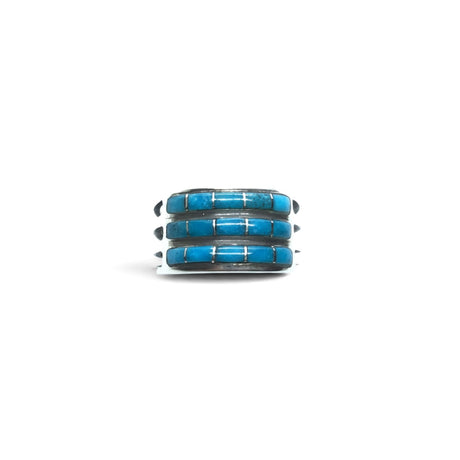 Rare Earth Gallery turquoise inlay ring featuring three rows of rectangular stones set in 925 sterling silver bands.