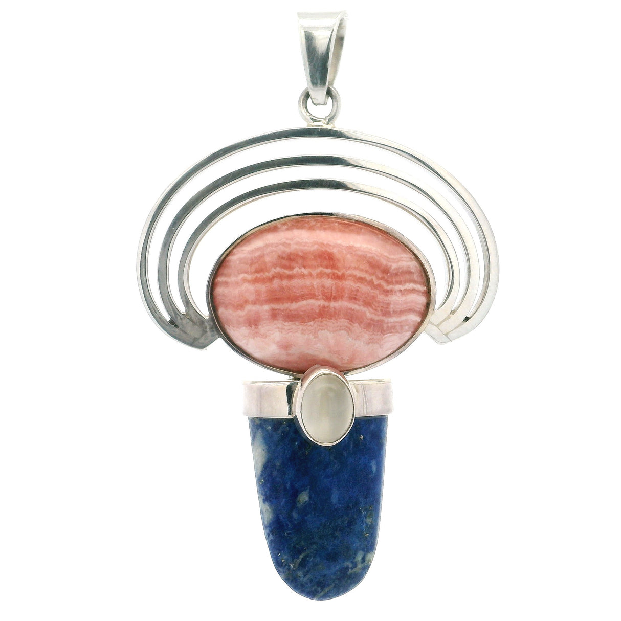 Rhodochrosite Pendant - Oval Cabochon with Lapis Lazuli Lantern Gemstone & Moonstone Radial Silver Half Circle Trio