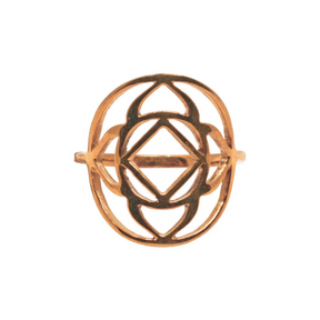 Root chakra symbol cutout ring in rose gold tone, base chakra motif of square, triangle and lotus