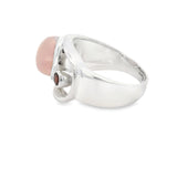 Rose Quartz Ring - Pear Cabochon with Faceted Garnet Round & Silver Bezels Set on Open Band Top