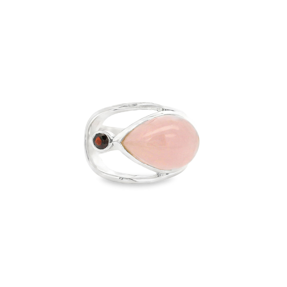 Rose Quartz Ring - Pear Cabochon with Faceted Garnet Round & Silver Bezels Set on Open Band Top