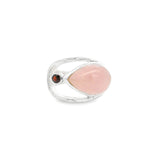 Rose Quartz Ring - Pear Cabochon with Faceted Garnet Round & Silver Bezels Set on Open Band Top