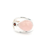 Rose Quartz Ring - Pear Cabochon with Faceted Garnet Round & Silver Bezels Set on Open Band Top