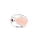 Rose Quartz Ring - Pear Cabochon with Faceted Garnet Round & Silver Bezels Set on Open Band Top
