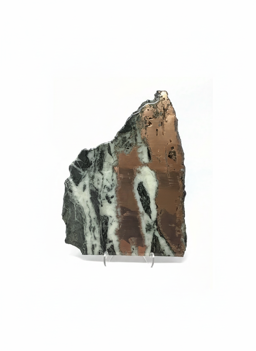 Native Michigan Vein Copper Slice with Quartz - Flat Edge with Thick Copper Veins & Mountain Shape