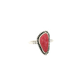 Thulite freeform cabochon ring bezel set in a studded silver beaded band