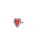 Thulite heart ring with deep red cabochon in rope-edge silver bezel and scrolled shoulders