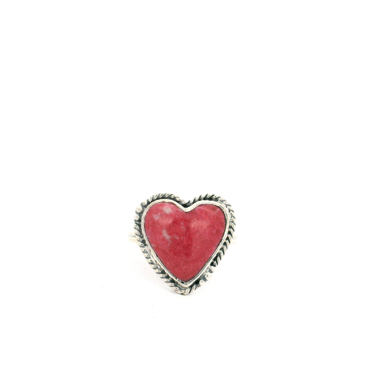 Thulite heart cabochon ring, rosy pink stone in beaded rope bezel, top-down view