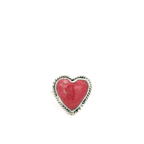 Thulite heart cabochon ring, rosy pink stone in beaded rope bezel, top-down view