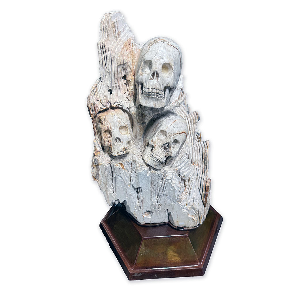 Hand-Carved Petrified Wood Skull Trio In Custom Swivel Base