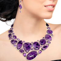 Purple gemstone necklace and earrings on a model against a white background