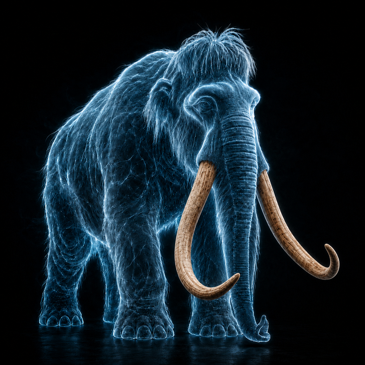 Glowing blue woolly mammoth illustration showing the curved tusk form of the Alaskan mammoth tusk pair