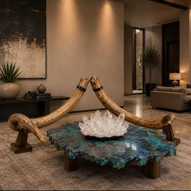 A rustic coffee table made from a natural turquoise malachite slab and two curved mammoth tusks, styled in a modern, warm-toned living room.